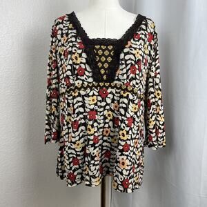 VTG Babydoll Hippie Top Womens 1X Floral Mesh Lace Trim Retro Boho‎ Festival